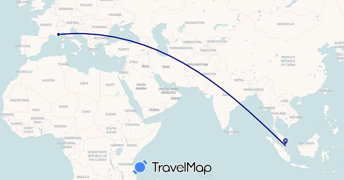 TravelMap itinerary: driving in France, Singapore (Asia, Europe)